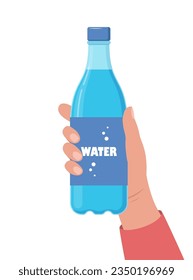 Mano sosteniendo la botella de agua. Tomar más concepto de agua. Ilustración del vector