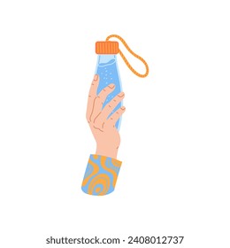 Hand holding a bottle of water. Reusable sports flask with a rope in a man's hand, vector illustration isolated on white background. Simple color icon.