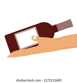 A hand holding a bottle of wine. A bottle of red wine. Flat design