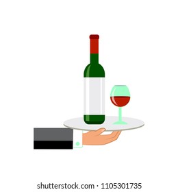 Hand holding a bottle of wine and wineglass. Vector illustration.