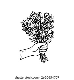 Hand holding a bouquet of beautiful flowers, vector hand-drawn.