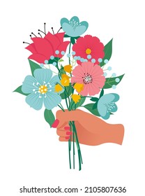 Hand holding bouquet of different blossom flowers. Vector Illustration in flat style