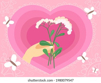 Hand holding bouquet of flowers against heart and butterflies. Bunch of white wildflowers on pink background with lace decoration illustration. Valentine, love, relationship, spring, holiday concept