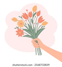 Hand holding bouquet of flowers. Flower bouquet in hand. Illustration in flat style.