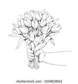 Hand is holding a bouquet of flowers. Line art. Vector illustration.