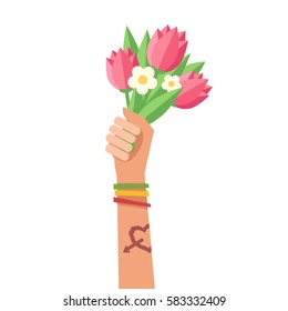 A hand up holding bouquet of flowers. A hand with Love tattoo and colorful friendship bracelets. Colorful vector illustration in flat style isolated on white