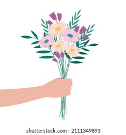 Hand holding bouquet of flowers. Meadow cute blossom bunch isolated on white background. Vector flat illustration. 