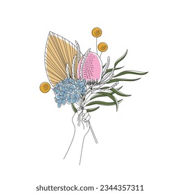 Hand holding a bouquet of flowers in minimalist graphics: Hydrangea, Banksia Protea, Palm leaf, Eucalyptus . Concept for a postcard. Line art.