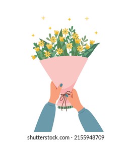 
Hand holding a bouquet of flowers, Surprise gift with beautiful flowers.