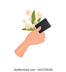 Hand Is Holding A Bouquet And A Photo Card. Poloroid. Vector Illustration On White Background.