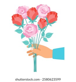 hand holding bouquet rose flowers, vector illustration in flat design, greeting card for any holiday 