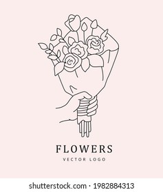 Hand Holding A Bouquet Of Roses. Vector Logo In Simple Linear Hand-drawn Style. Emblem, Sign, Element For Flowers Shop, Celebrations, Holidays And Ceremonies.