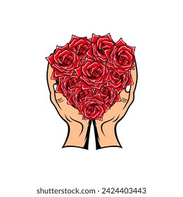 hand holding a bouquet of roses vector illustration