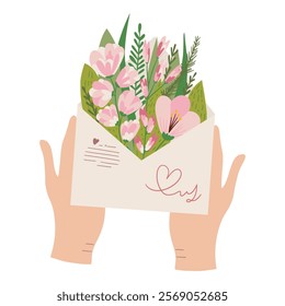 Hand holding a bouquet of spring flowers in a postal envelope. Design for flyers, greeting cards, posters and print.