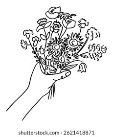 Mão segurando um buquê de flores silvestres em um delicado estilo de desenho de linha preta. Simboliza doação, cuidado e apreciação através de um gesto floral mínimo