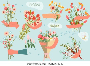 Hand holding bouquets of wildflowers, chamomile, poppies, and tulip in a vibrant array of red, yellow, and purple hues, set against a blue background. Perfect for various celebrations.Vector.