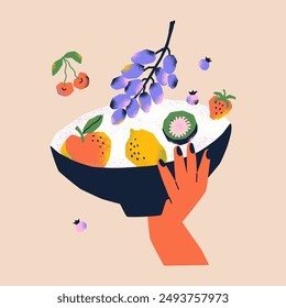 Mano sosteniendo un tazón de ensalada de frutas. Comida saludable con uvas, limón, arándanos, kiwi. Ilustración vectorial dibujada a mano para impresión, menú, póster. 