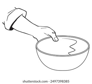 A hand holding a bowl. Illustration in black and white and vector format.