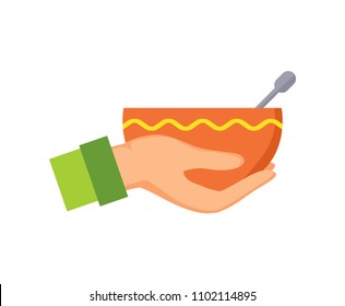 Hand holding bowl with ornament made of yellow line, plate and metal object in it, male arm icon wearing green clothes isolated on vector illustration