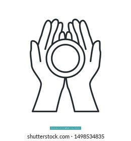 Hand holding bowl with plan view icon vector illustration logo template for many purpose. Isolated on white background.