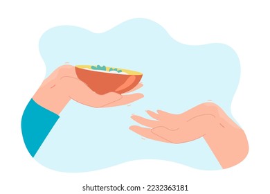 Mano sosteniendo el tazón con salsa o comida. Persona compartiendo o pasando un plato con crema agria y cebolla sumergida ilustración vectorial plana. Comida, concepto de condicionamientos para banner, diseño de sitios web o página web de aterrizaje