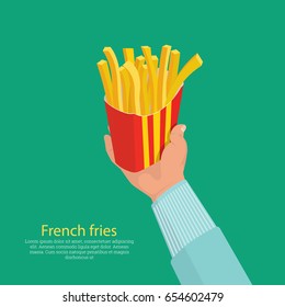 The hand holding a box about French fries.Concept of a fast food.Isometry.Business lunch.3D vector illustration.Design elements in flat style.