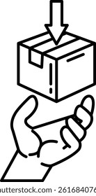 A hand is holding a box with a arrow pointing down