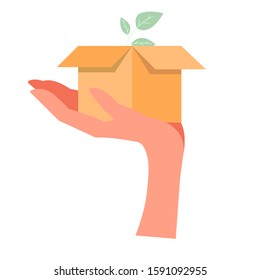 Hand holding a box with a delicate plant sprout. Concept: careful delivery, storage. Caring for the parcel, mail, gift, other people's property. Maintaining ideal conditions to maintain integrity.
