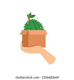 Hand holding box with durian, Pack durian for shipping concept.