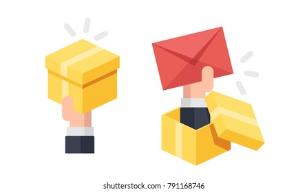 The hand holding the box and envelope. Concept of receive a gift. Vector illustration isolated on white background