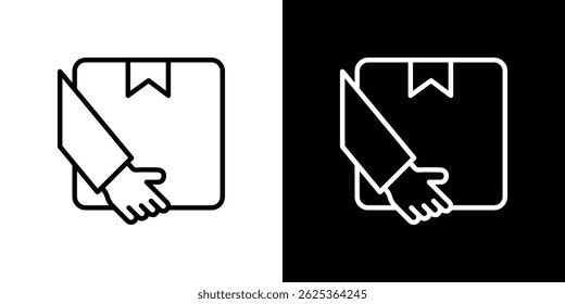 Hand holding box icon concept stroke on white background