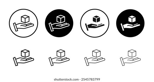 Hand holding box icon flat line symbol set.
