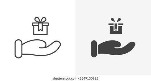 Hand holding box icon Outline vector sign