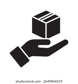 Hand holding a box icon representing delivery service package handling and receiving a parcel from a courier for logistics and shipping vector solid glyph icon