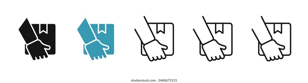 Hand holding box icon set. Parcel home delivery vector icon. Give package box sign. Giving surprise gift icon for UI designs.