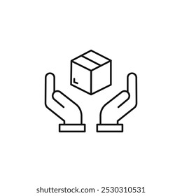 Hand holding box icon Thin line art isolated