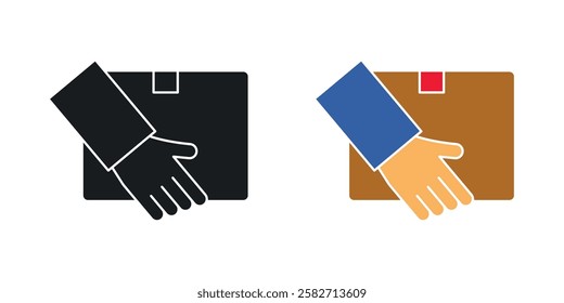 Hand holding box icons set vectors black and colored style