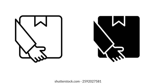 Hand holding box icons. stroke line and black solid icons