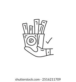 Hand holding a box of instant film with a check mark. Concept of photography, instant, film, and vintage.