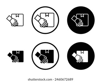 Hand holding box line icon set. Parcel home delivery icon. Give package box sign. Giving surprise gift sign suitable for apps and websites UI designs.