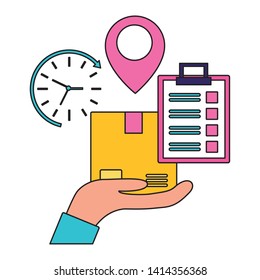 hand holding box location pointer clock clipboard fast delivery business vector illustration