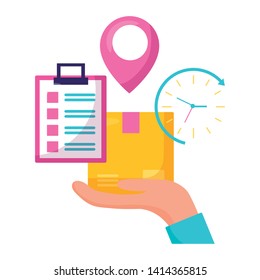 hand holding box location pointer clock clipboard fast delivery business vector illustration