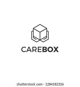 Hand holding box logo design with lineart style