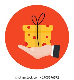 
Caja de retención manual, presente icono de oferta en diseño plano