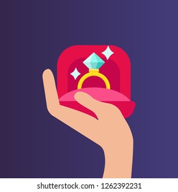 Hand holding a box with the ring. Flat design vector illustration