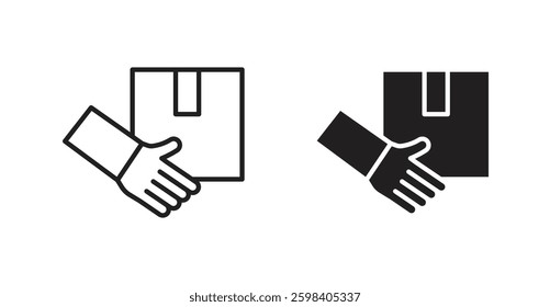 Hand holding box vector icon set in black color.