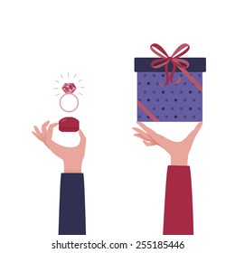 The hand holding the box. Vector illustration for your design