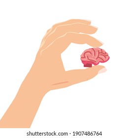 Hand holding brain carefully symbolic of mental health. Concept Psychology and psychotherapy. Vector isolated