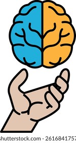A hand holding a brain with the left half blue and the right half orange. The brain is being held up in the air