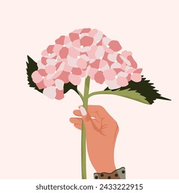 Hand holding branch of hydrangea. Woman hand with bouquet of flowers, floral decorative elements for greeting card design. Vector flat illustration